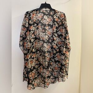Interi Womens Sheer Black With Pink Floral Cardigan Kimono Robe L Bust 42”
